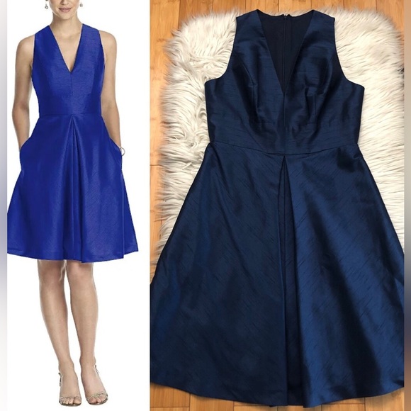 Alfred Sung Taffeta Pleated Midnight Sleeveless Navy Elegant Cocktail Dress 12 - Picture 1 of 12